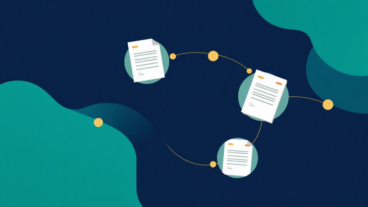 Illustration abstraite du cycle de vie d'un contrat avec des documents reliés